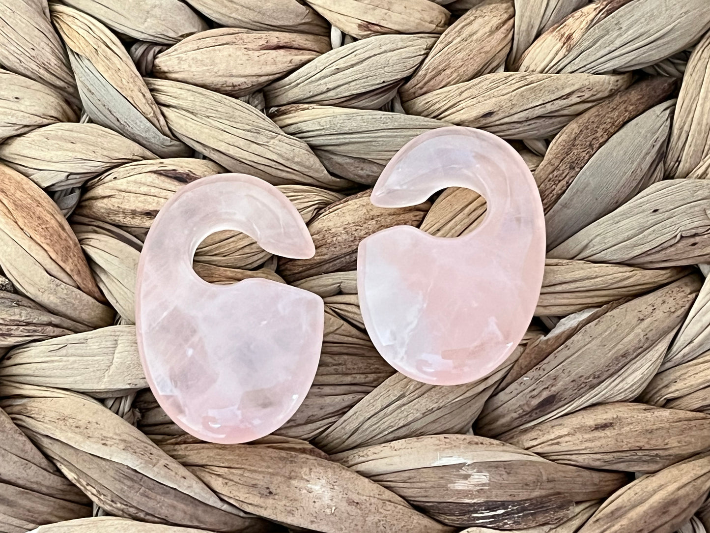PAIR Rose Quartz Oval Keyhole Hanger Ear Weight Plug Gauges Tunnels Stone