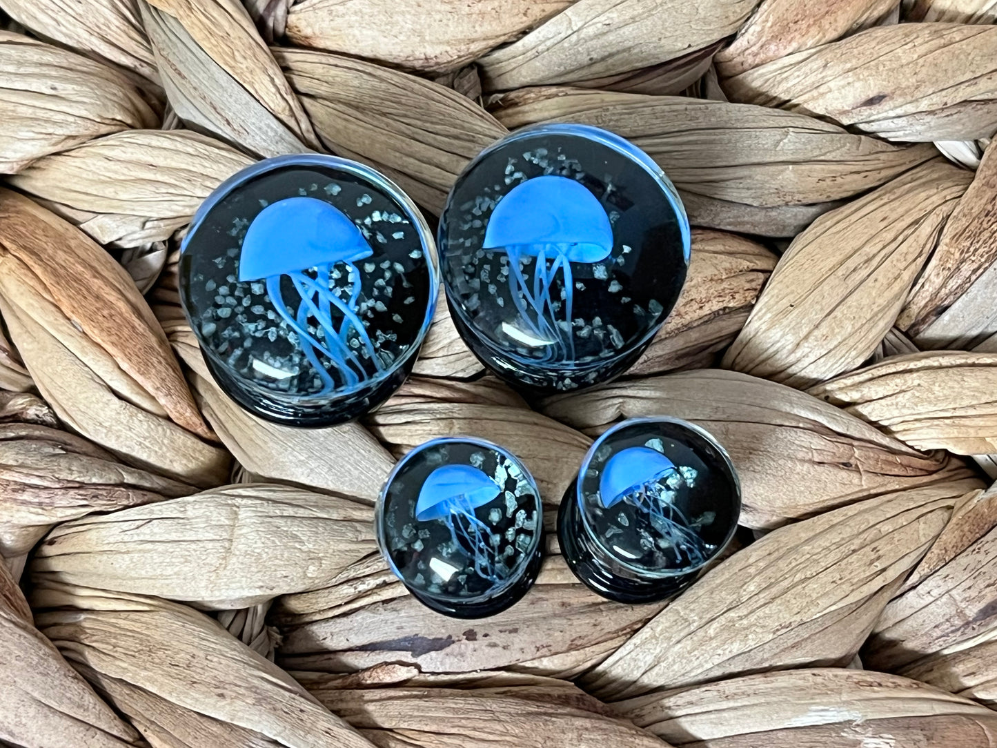 PAIR Blue Jellyfish Glass Double Flare Plugs Tunnel Gauges Glow in the Dark