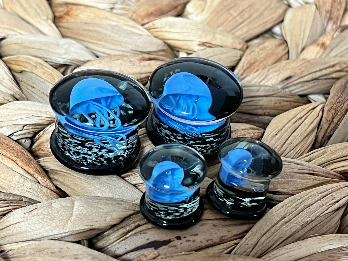 PAIR Blue Jellyfish Glass Double Flare Plugs Tunnel Gauges Glow in the Dark