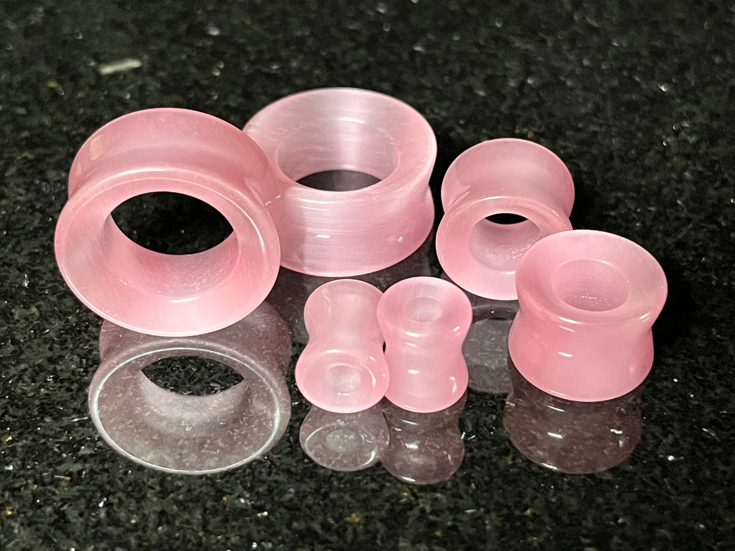 PAIR  Pink Cat Eye Stone Double Flare Tunnels Plugs Earlets Gauges Body Jewelry