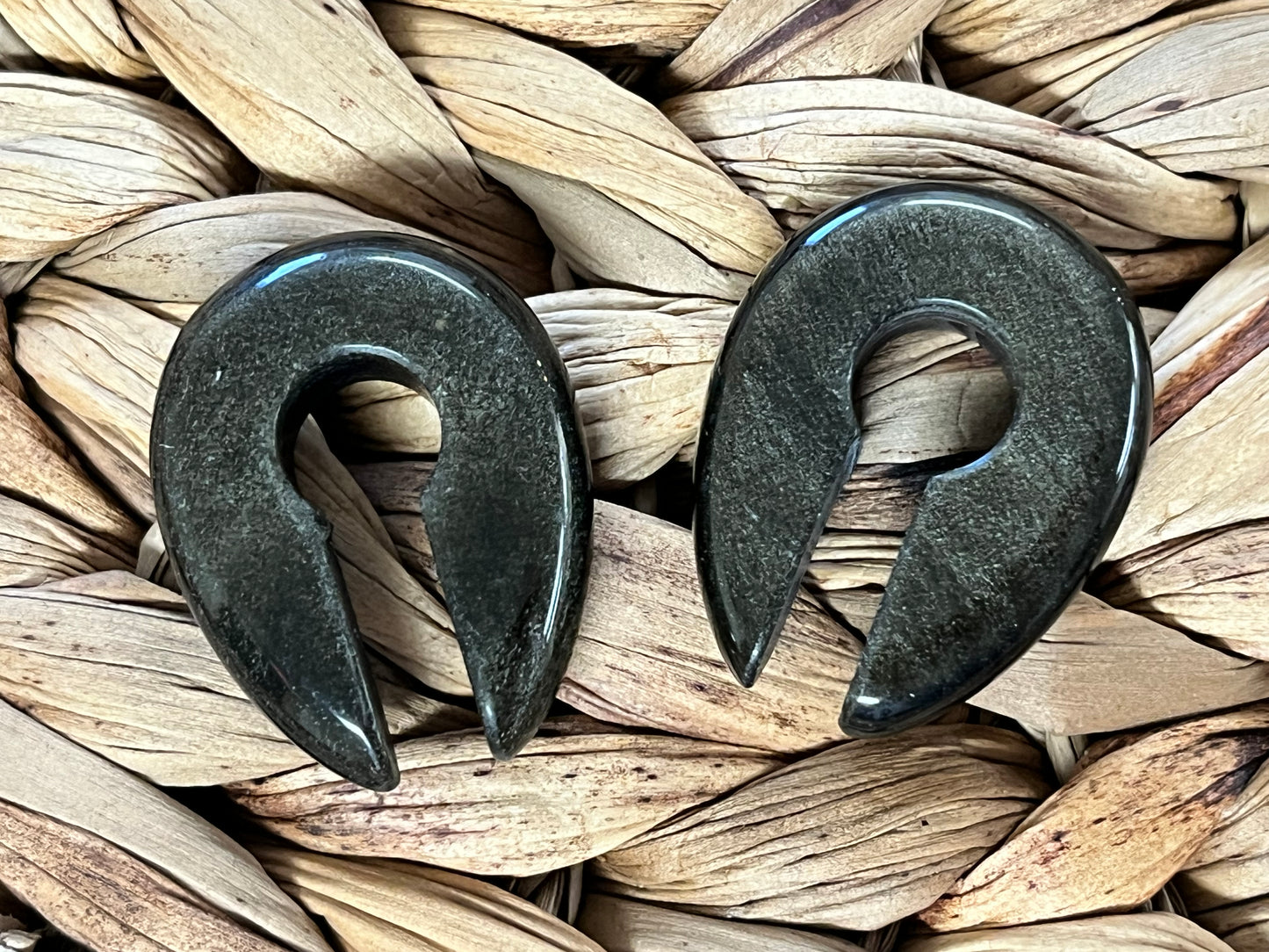 PAIR Gold Obsidian Keyhole Hanger Ear Weight Plug Gauge Tunnel Stone Gauges