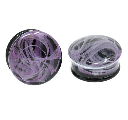 PAIR of Purple Swirling Smoke Style Pyrex Glass Double Flare Plugs Body Jewelry