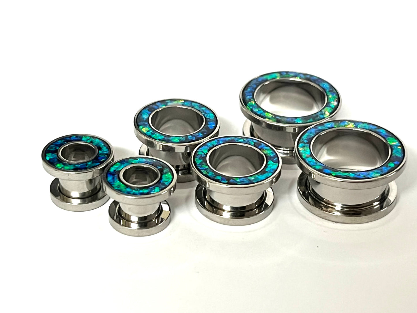 PAIR Green Opal Glitter Rim Screw Fit Tunnels Ear Plugs Earlet Rimmed Gauges