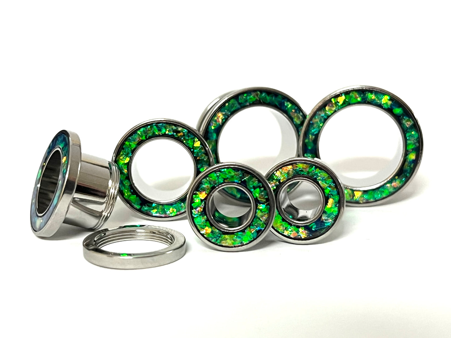 PAIR Green Opal Glitter Rim Screw Fit Tunnels Ear Plugs Earlet Rimmed Gauges