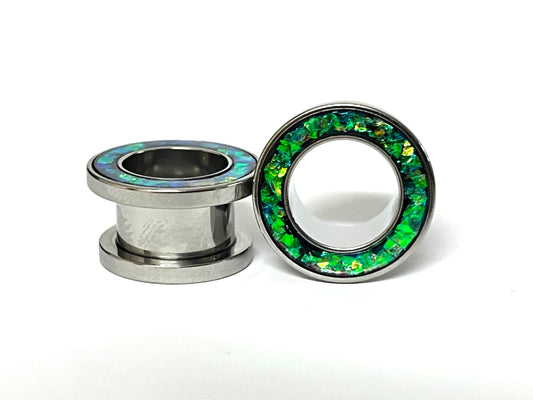PAIR Green Opal Glitter Rim Screw Fit Tunnels Ear Plugs Earlet Rimmed Gauges