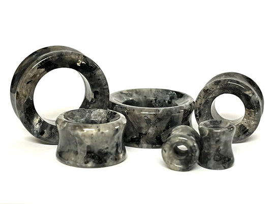 PAIR Black Labradorite Stone Double Flare Tunnels Plugs Gauges Body Jewelry