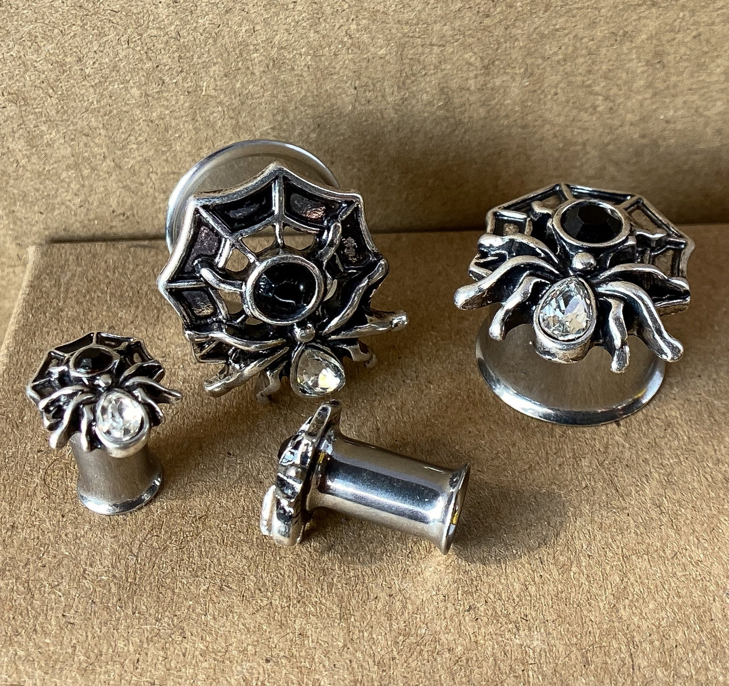 PAIR Gem Body Spider on Web Steel Double Flare Tunnels Plugs Earlet Gauges