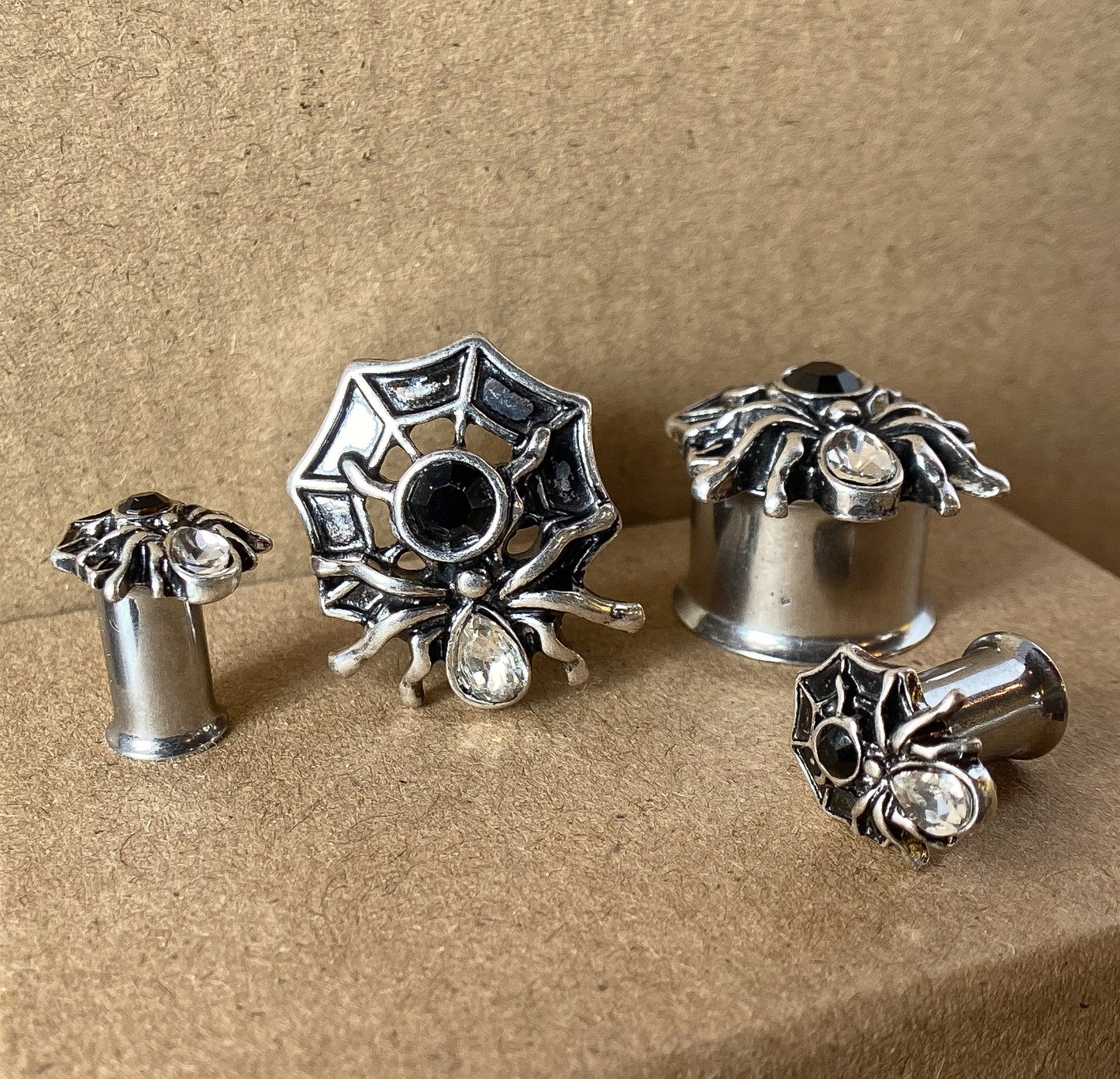 PAIR Gem Body Spider on Web Steel Double Flare Tunnels Plugs Earlet Gauges