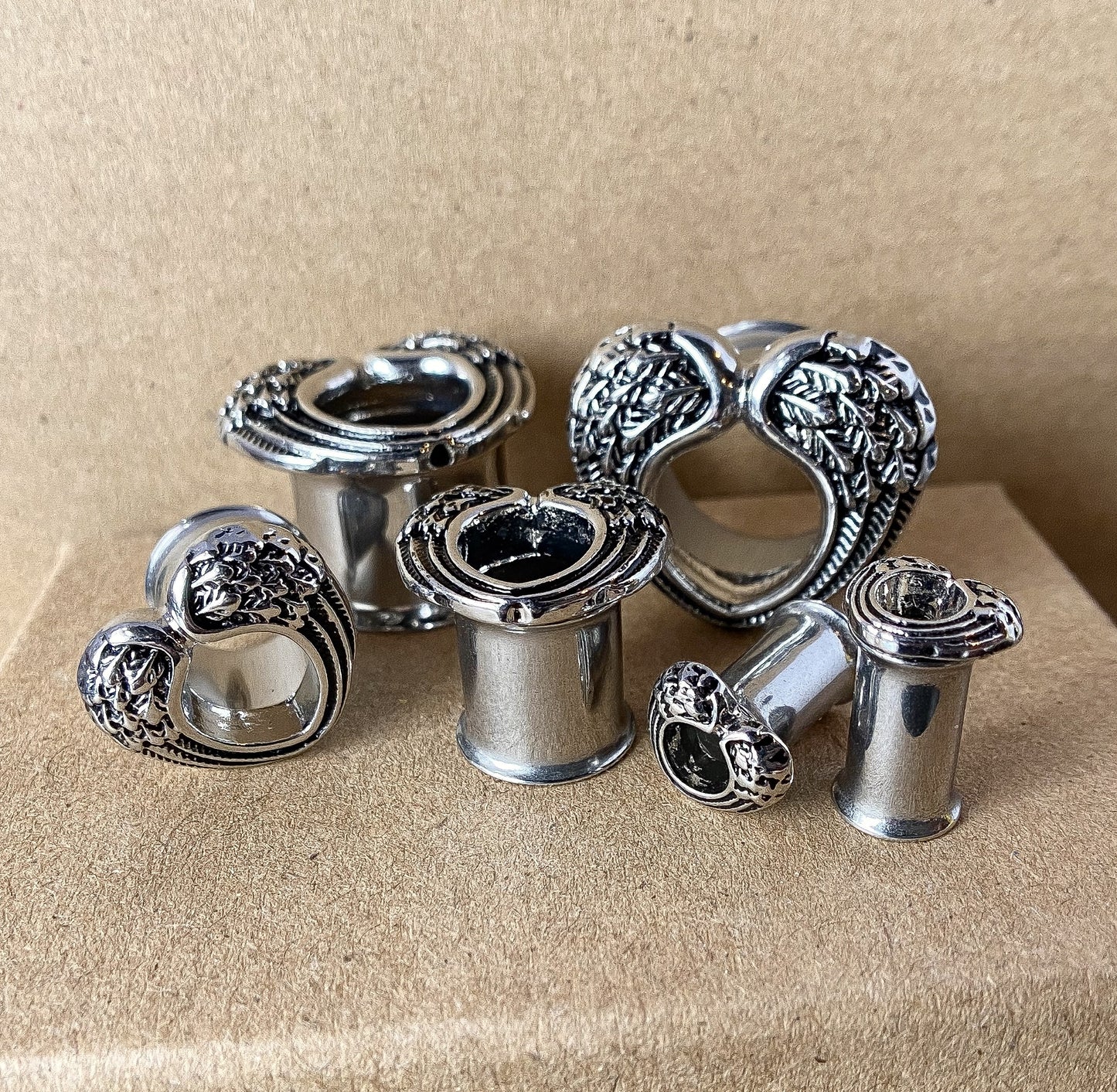 PAIR Heart Angel Wings Steel Double Flare Tunnels Plugs Earlet Gauges