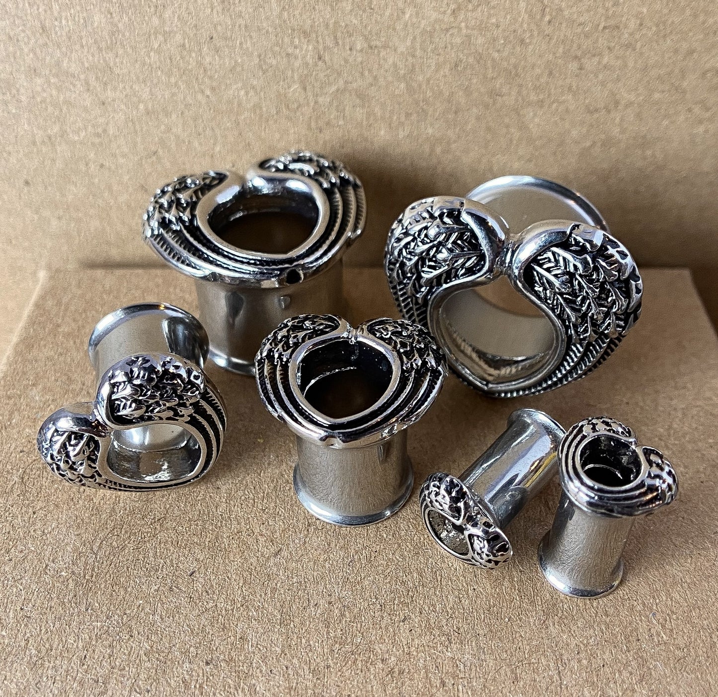PAIR Heart Angel Wings Steel Double Flare Tunnels Plugs Earlet Gauges