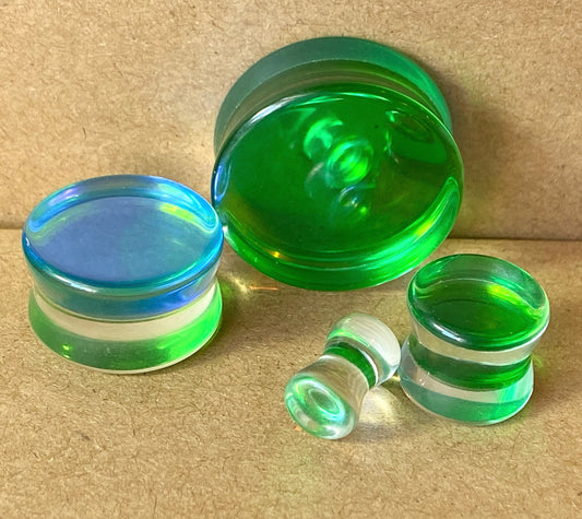 PAIR Green Iridescent Glass Double Flare Plugs