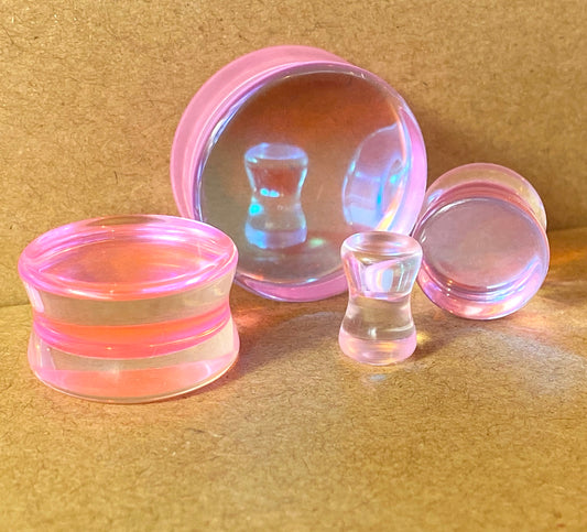 PAIR Pink Iridescent Glass Double Flare Plugs