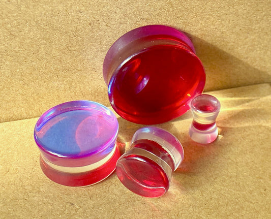 PAIR Red Iridescent Glass Double Flare Plugs