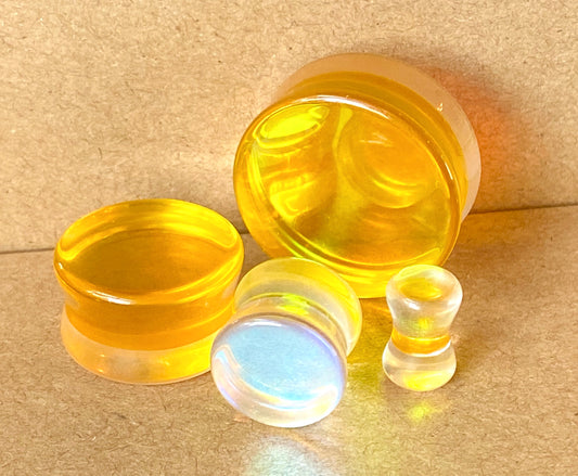 PAIR Yellow Iridescent Glass Double Flare Plugs