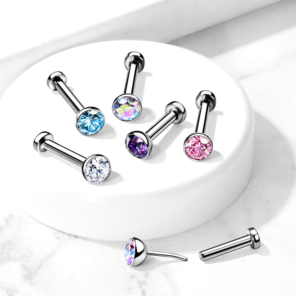 1pc Titanium Push In Bezel Gem Labret Threadless Stud Lip Ring Helix Cartilage