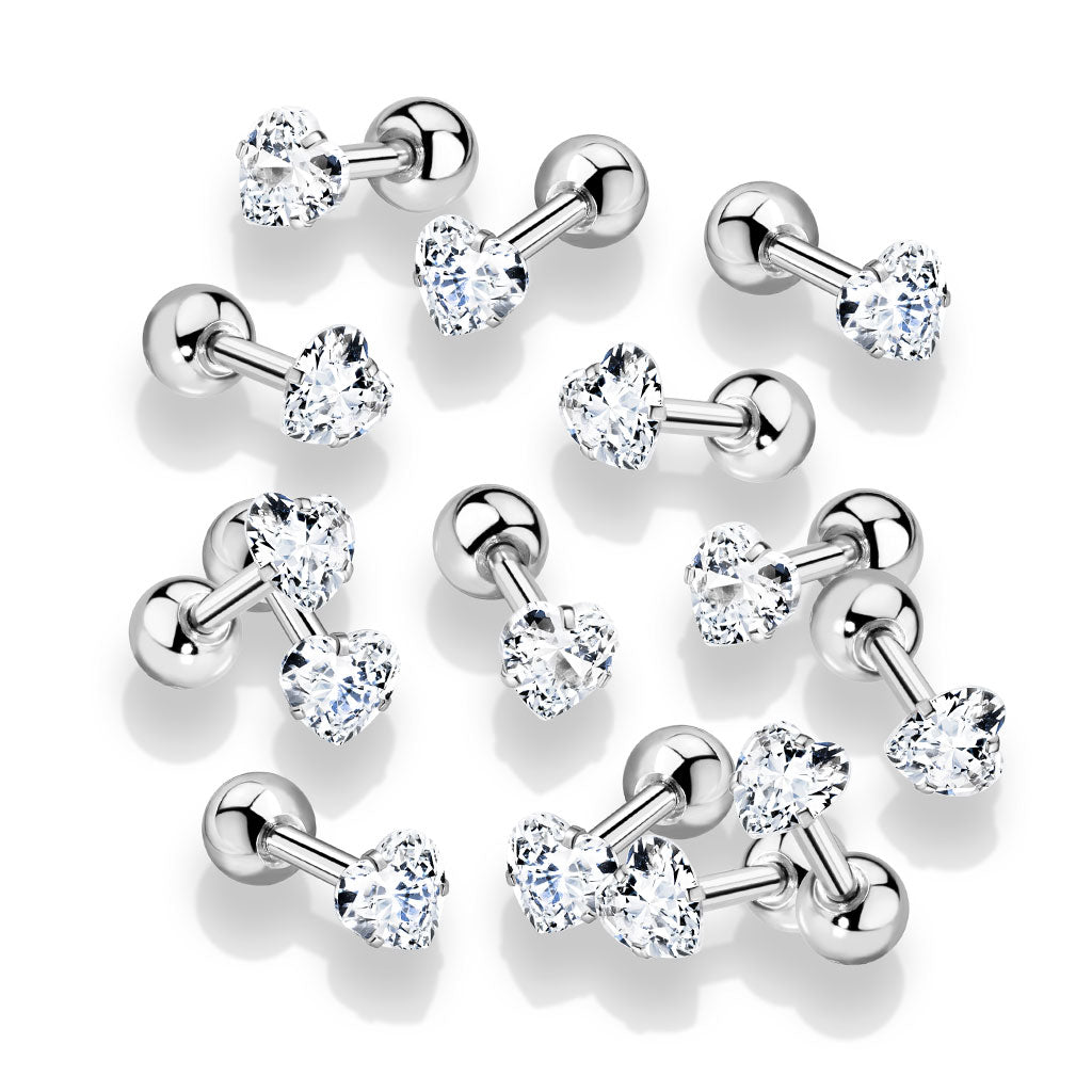 10pcs Prong Set Heart Gem Stud Tragus Rings 16g Cartilage Barbells Wholesale Lot