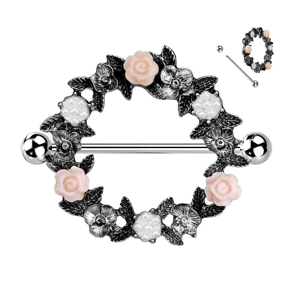 PAIR Floral Wreath Nipple Rings Shields Steel Barbells Body Jewelry