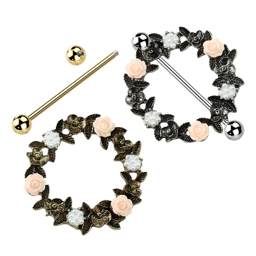 PAIR Floral Wreath Nipple Rings Shields Steel Barbells Body Jewelry