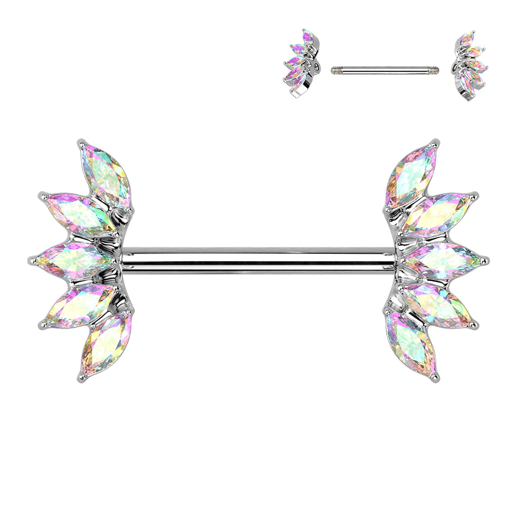 PAIR Marquise Crystal Gem Fans Nipple Rings Shield Steel Barbells Surgical Steel