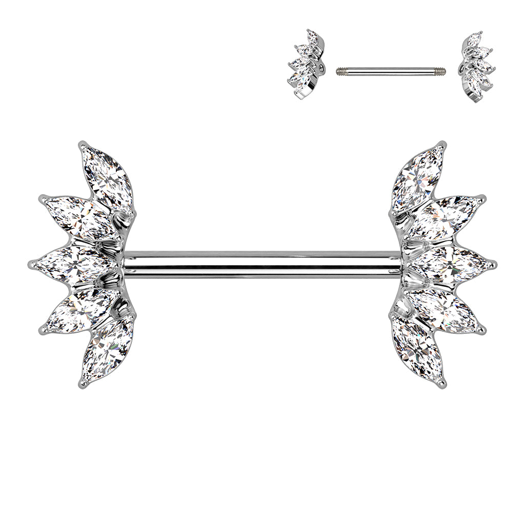 PAIR Marquise Crystal Gem Fans Nipple Rings Shield Steel Barbells Surgical Steel