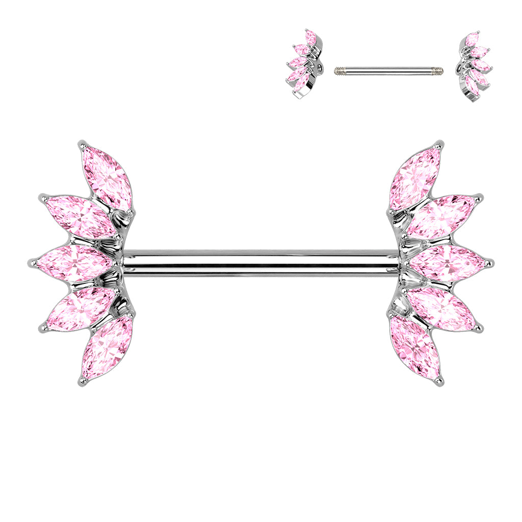 PAIR Marquise Crystal Gem Fans Nipple Rings Shield Steel Barbells Surgical Steel