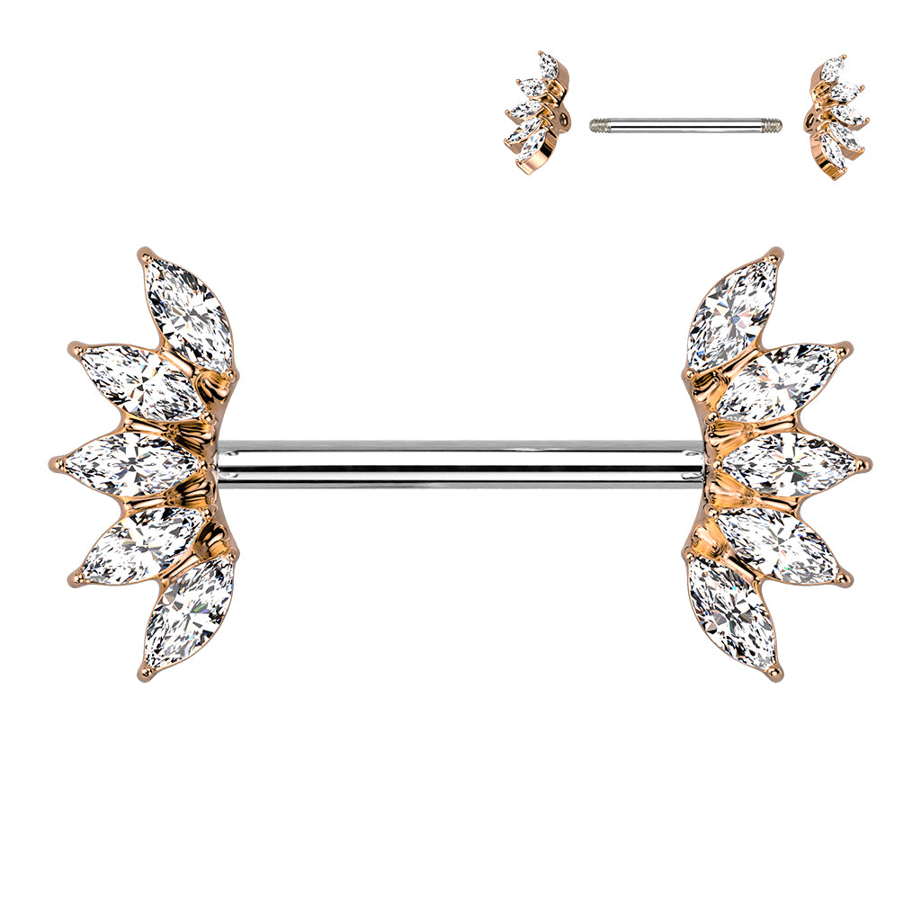 PAIR Marquise Crystal Gem Fans Nipple Rings Shield Steel Barbells Surgical Steel