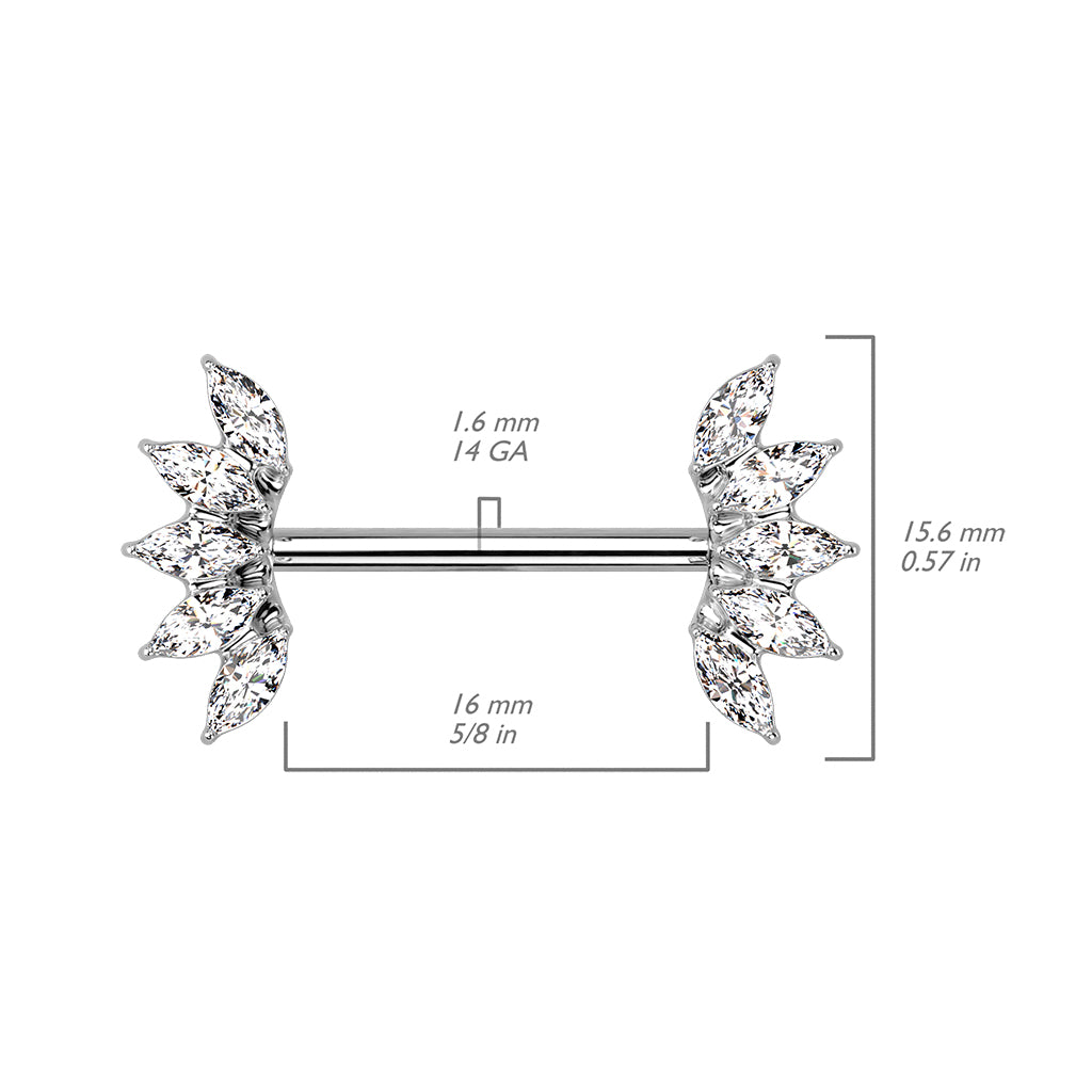 PAIR Marquise Crystal Gem Fans Nipple Rings Shield Steel Barbells Surgical Steel