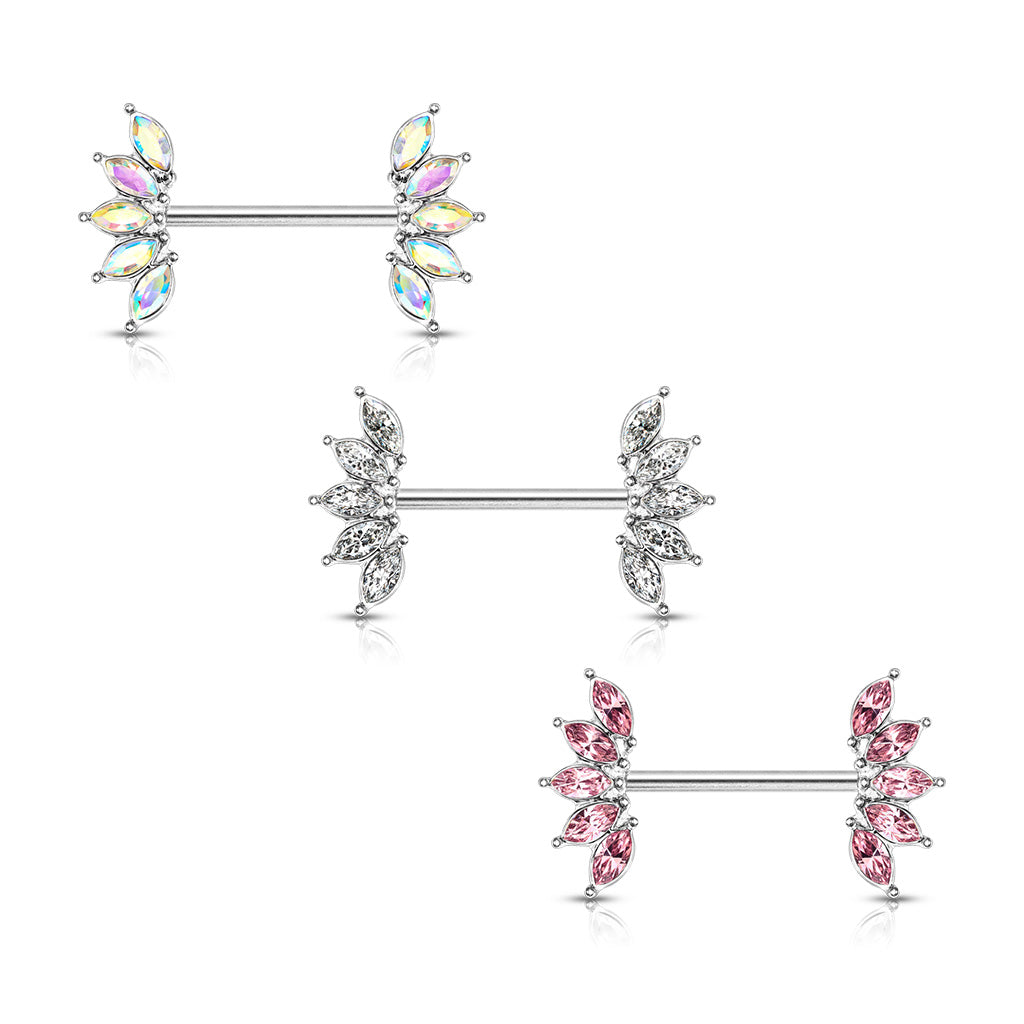 PAIR Marquise Crystal Gem Fans Nipple Rings Shield Steel Barbells Surgical Steel