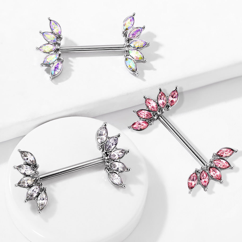 PAIR Marquise Crystal Gem Fans Nipple Rings Shield Steel Barbells Surgical Steel