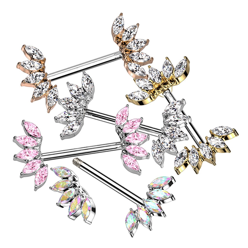 PAIR Marquise Crystal Gem Fans Nipple Rings Shield Steel Barbells Surgical Steel