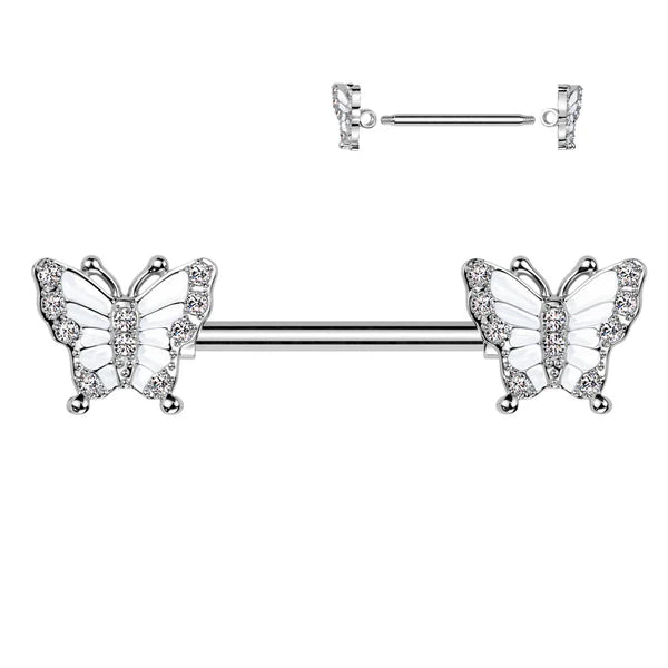 PAIR White Gem Butterfly Ends Nipple Rings Shields Pierced Barbells Body Jewelry