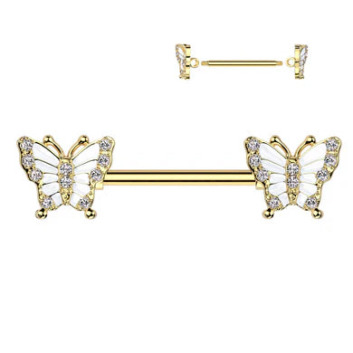 PAIR White Gem Butterfly Ends Nipple Rings Shields Pierced Barbells Body Jewelry
