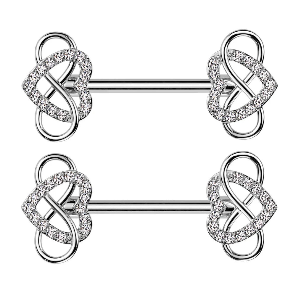 PAIR Infinity Woven Gem Heart Ends Nipple Rings Shields Barbells Body Jewelry