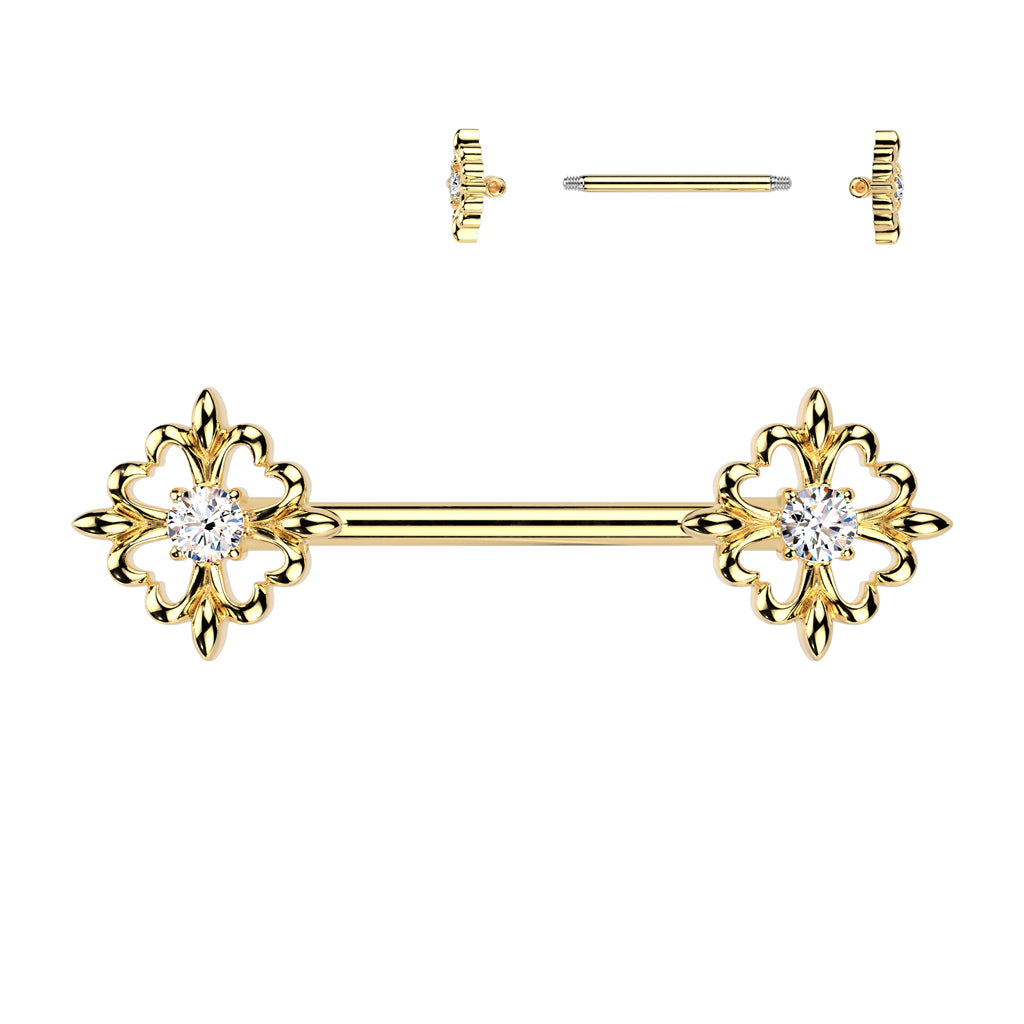 PAIR Fleur De Lis CZ Gem 14g Nipple Ring Barbells Shields