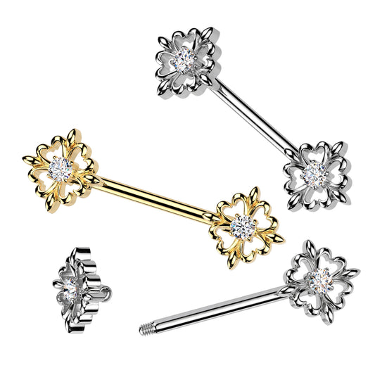 PAIR Fleur De Lis CZ Gem 14g Nipple Ring Barbells Shields