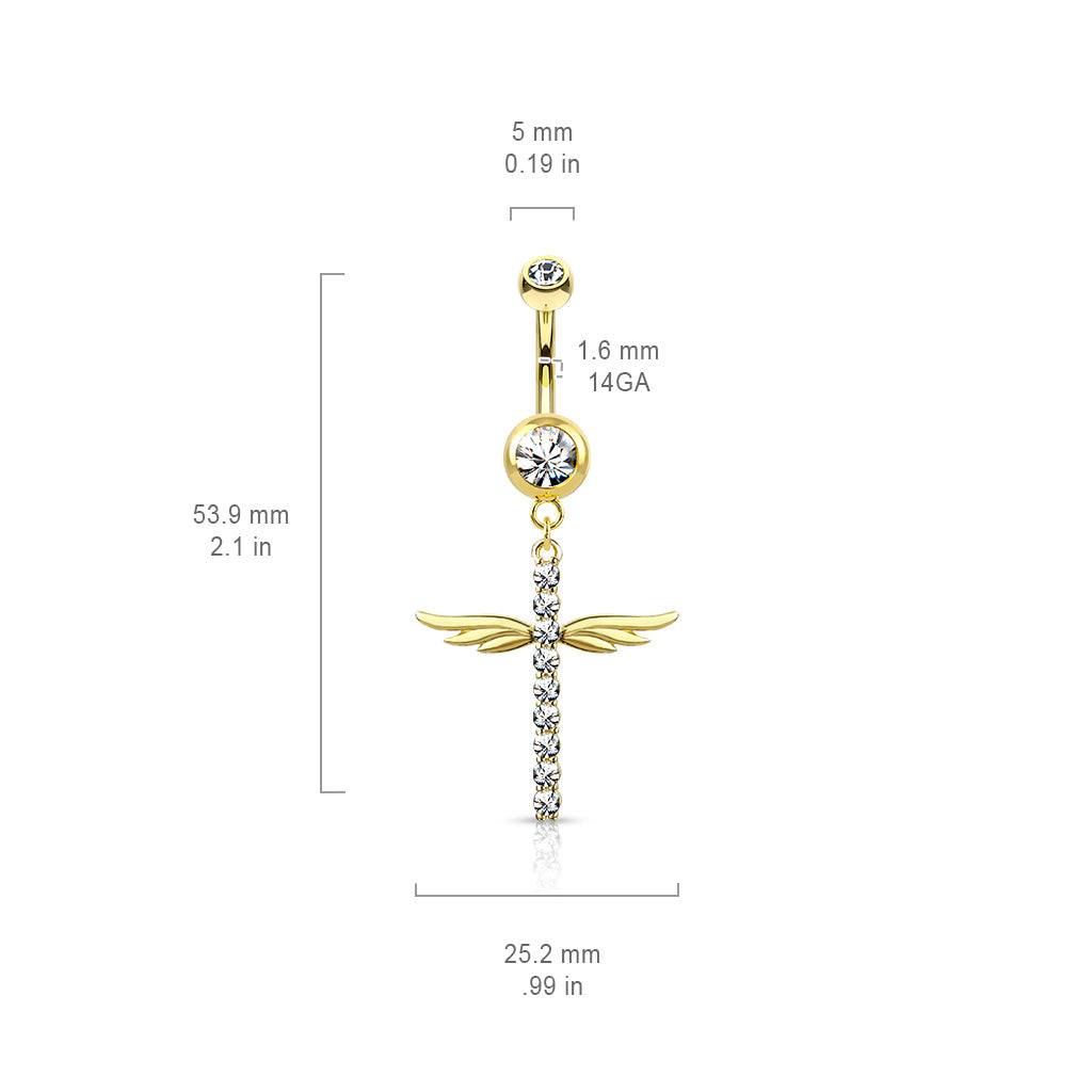 1pc CZ Gem Winged Cross Belly Button Ring Pierced Navel Gold Plated Wings Naval