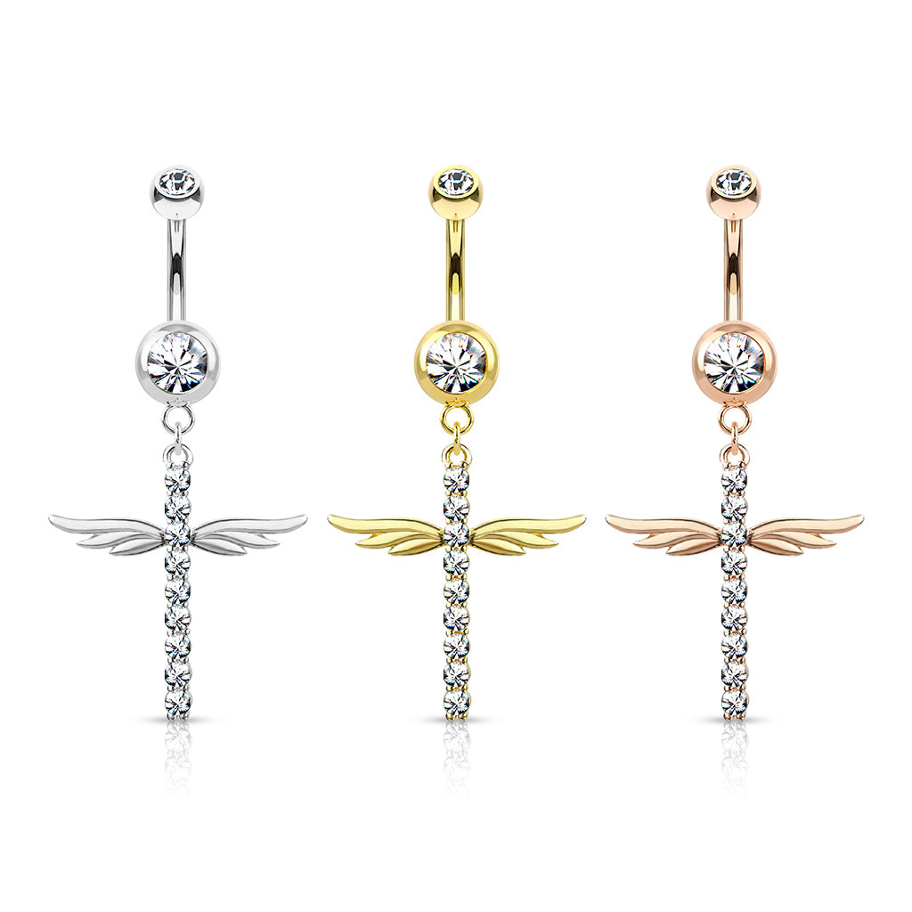 1pc CZ Gem Winged Cross Belly Button Ring Pierced Navel Gold Plated Wings Naval