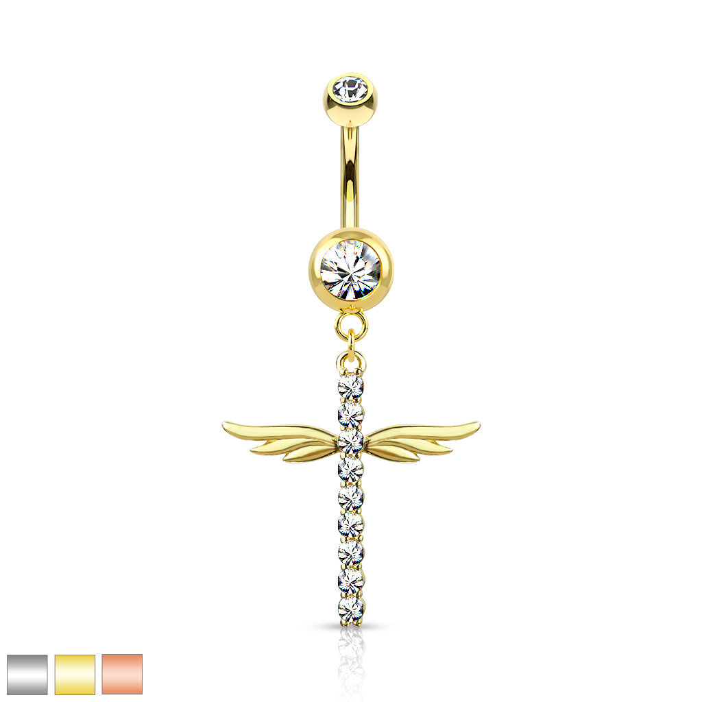 1pc CZ Gem Winged Cross Belly Button Ring Pierced Navel Gold Plated Wings Naval