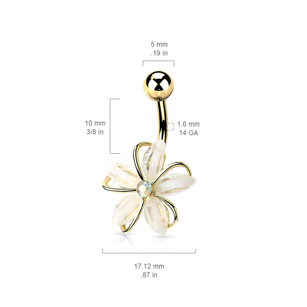 1pc CZ Gem Center Wire Flower Belly Button Ring Pierced Navel Gold Plated Naval