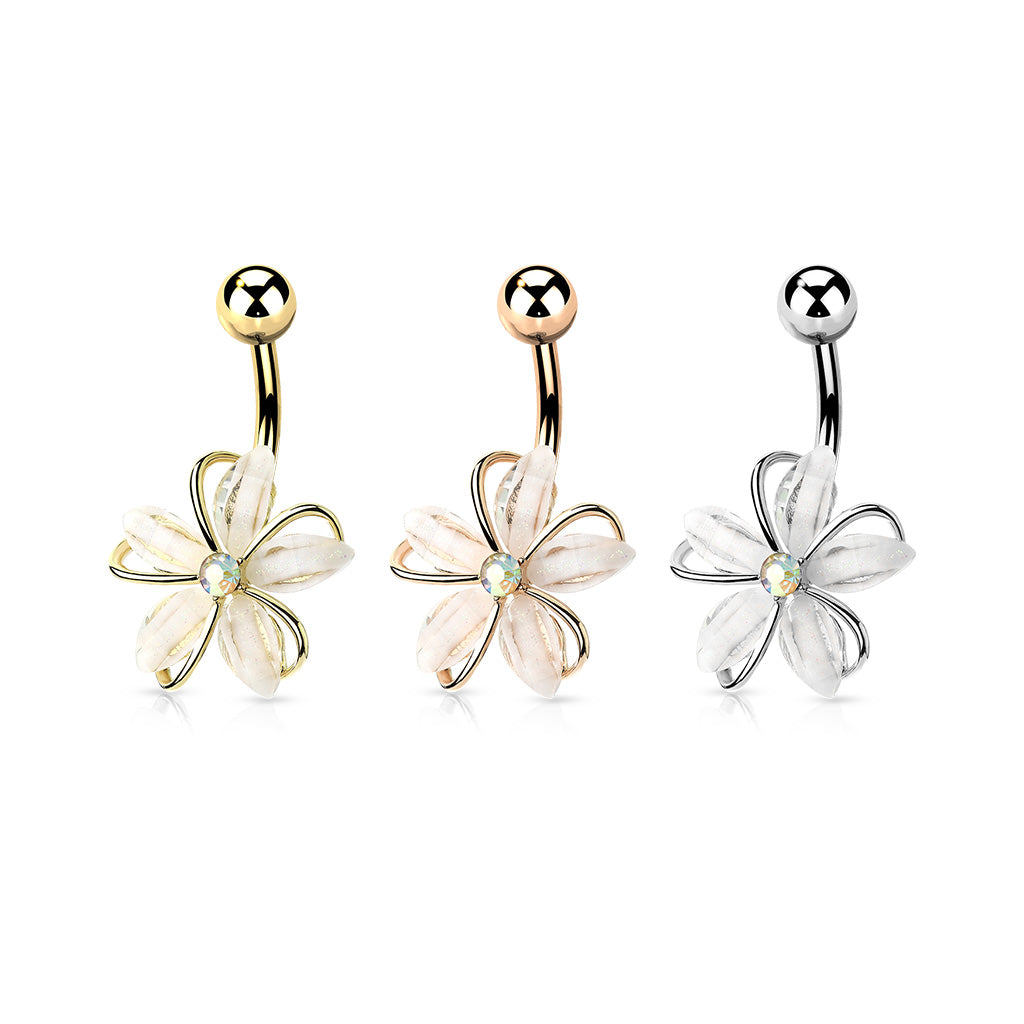 1pc CZ Gem Center Wire Flower Belly Button Ring Pierced Navel Gold Plated Naval