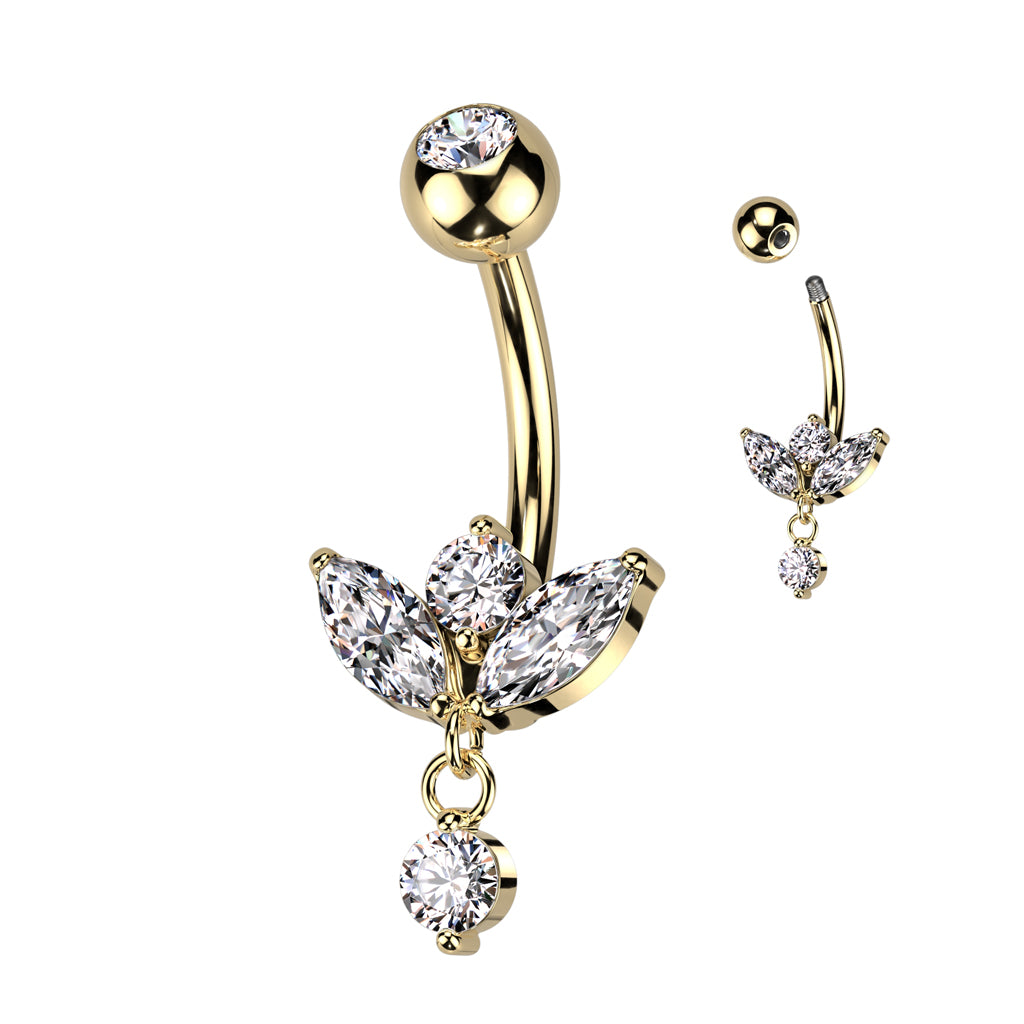 1pc Marquise CZ Gem Sprout Belly Button Ring Pierced Navel Gold Plated Naval