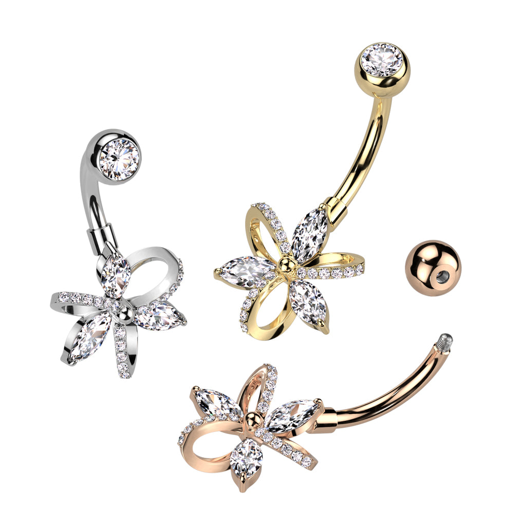 1pc Hollow Paved CZ Gem Flower Belly Button Ring Pierced Navel Gold Plated Naval