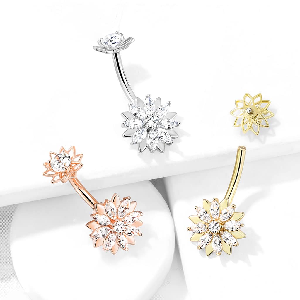 1pc Marquise CZ Gem Flower Belly Button Ring Internally Threaded Navel Naval