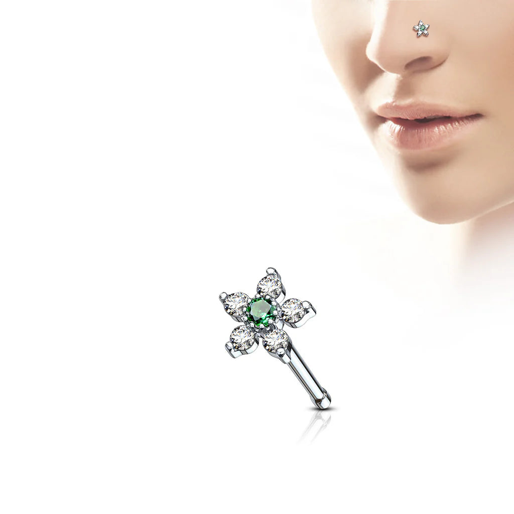1pc Six CZ Gem Paved Flower Top 20g Nose Ring Stud 316L Surgical Steel