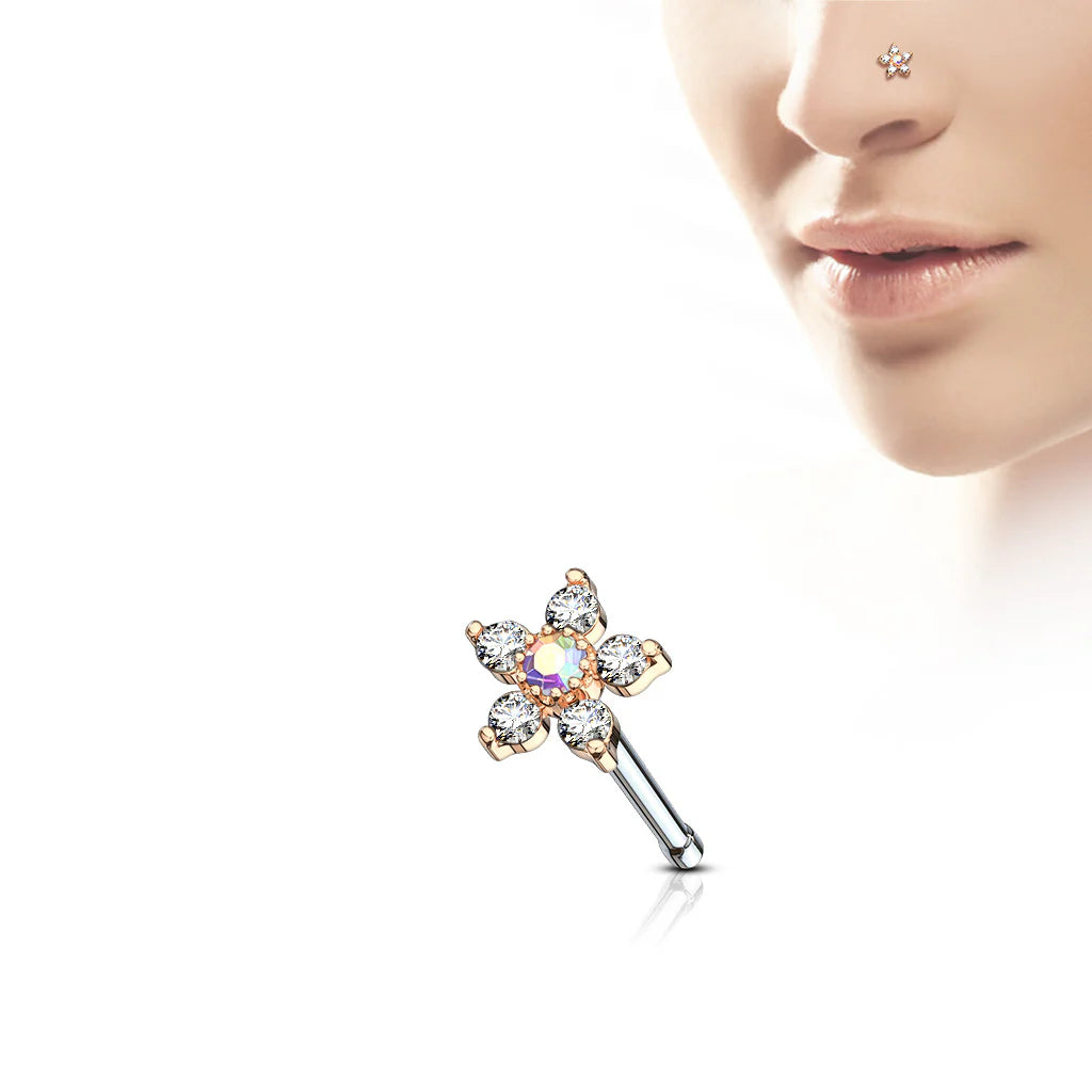 1pc Six CZ Gem Paved Flower Top 20g Nose Ring Stud 316L Surgical Steel