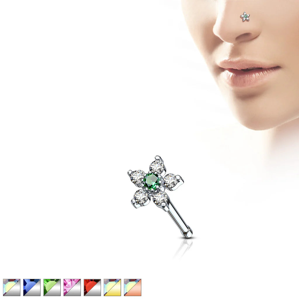 1pc Six CZ Gem Paved Flower Top 20g Nose Ring Stud 316L Surgical Steel