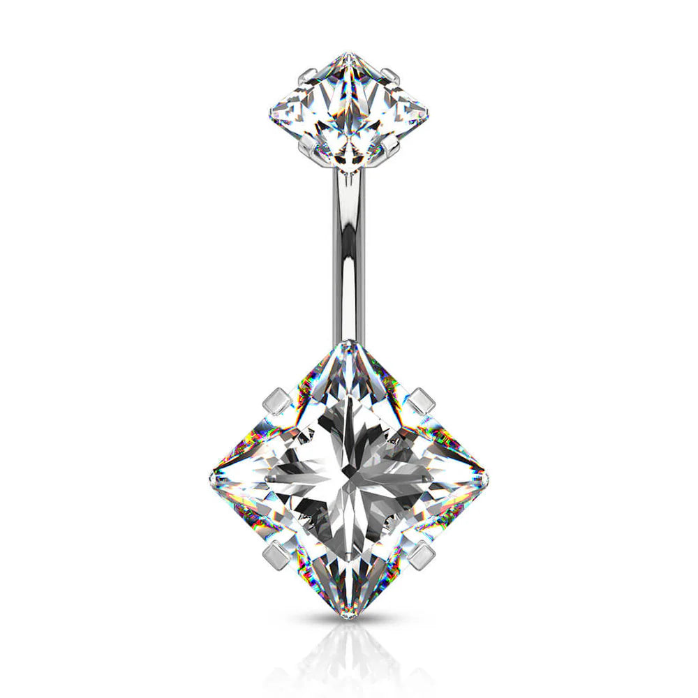 1pc Prong Set Square CZ Gem Belly Ring Internally Threaded Navel Naval Piercing