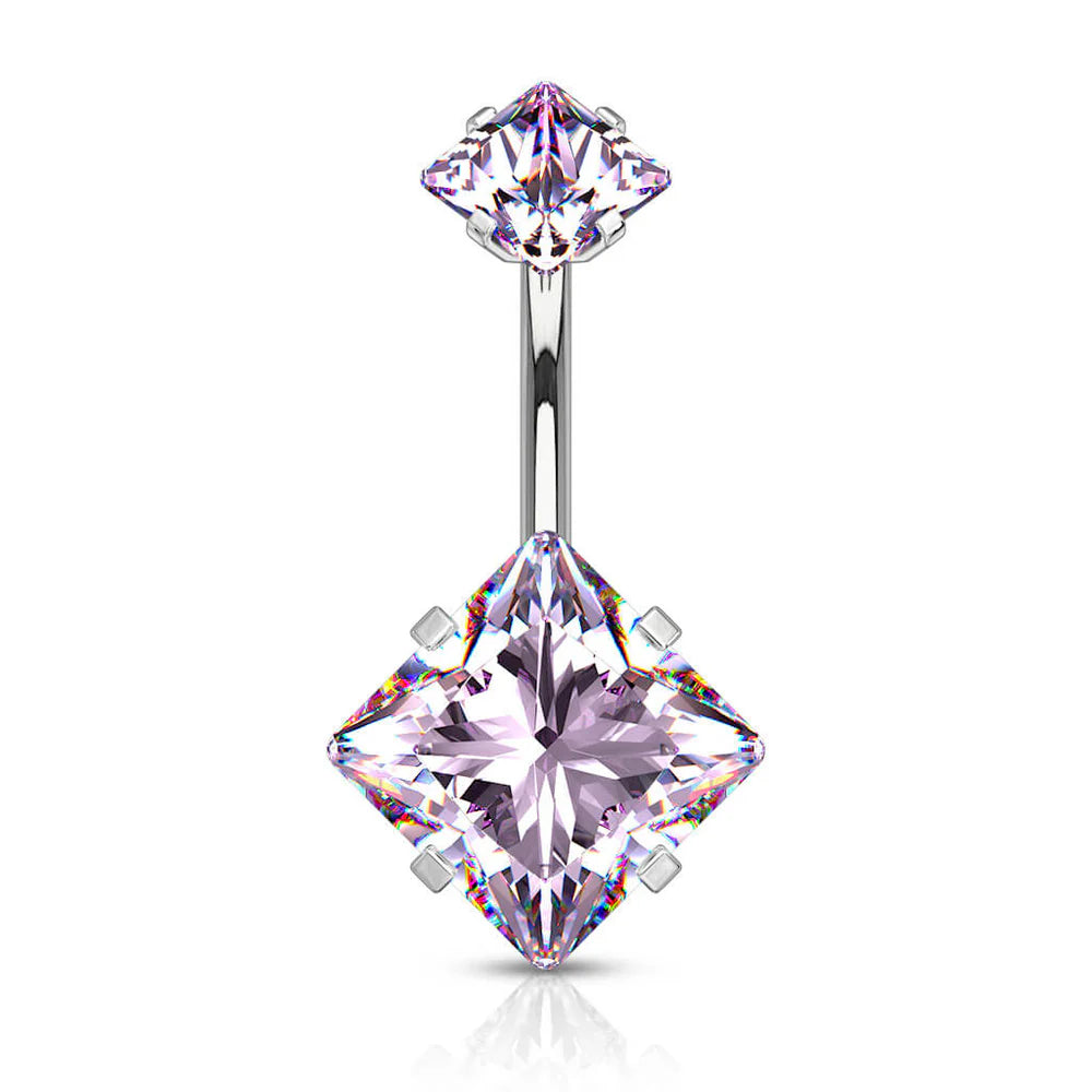 1pc Prong Set Square CZ Gem Belly Ring Internally Threaded Navel Naval Piercing