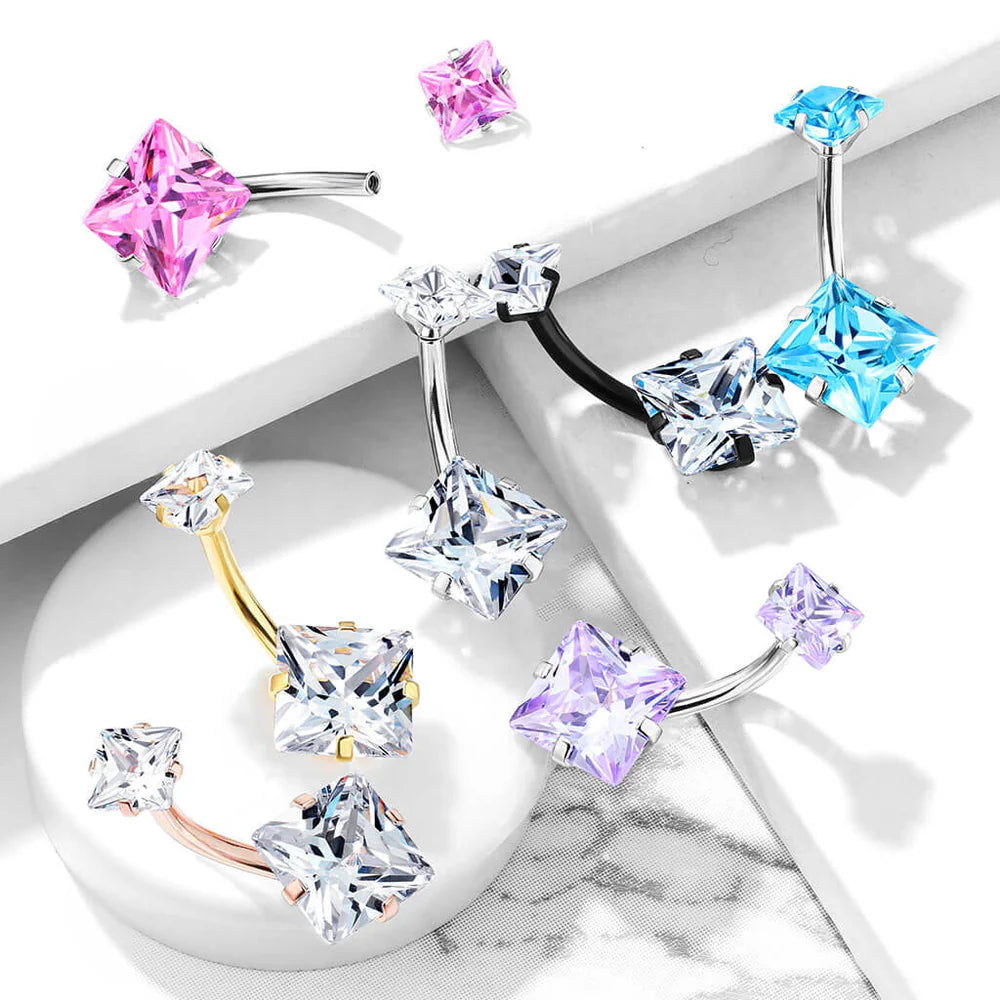 1pc Prong Set Square CZ Gem Belly Ring Internally Threaded Navel Naval Piercing