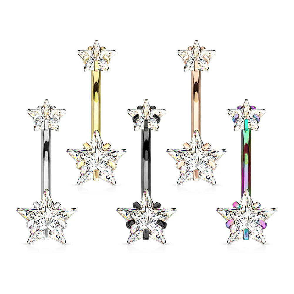 1pc Prong Set CZ Gem Double Star Internally Threaded Belly Ring Navel Naval